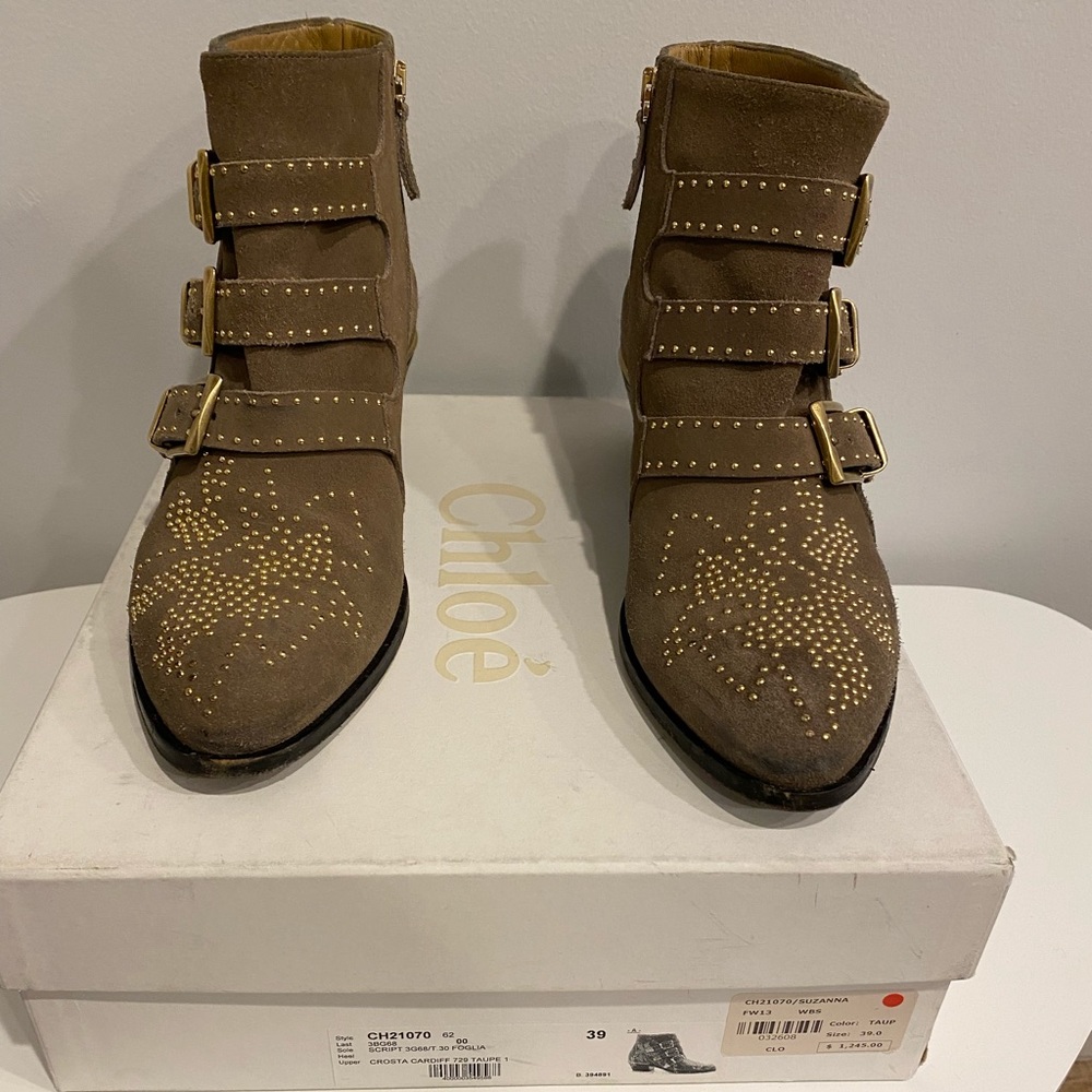 Chloe Suzanna Ankle Boot Bootie Brown Taupe Suede Gold Studs 39